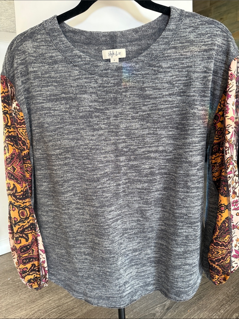 Style & Co Gray Pullover with Boho Printed Sleeves Size S